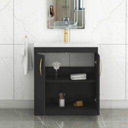 Royal Bathrooms Turin 800mm Floor Standing Vanity Sink Unit Matt Black 2 Door Mid-Edge Basin With Brushed Brass Handles - thumbnail 5