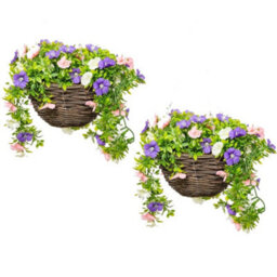 Primrose Pair Of Artificial Petunia Flowers Rattan Hanging Basket Decoration Pink Purple & White 25Cm - thumbnail 1