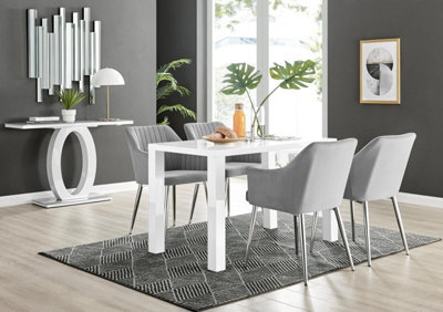 Furniturebox Uk Pivero White High Gloss Dining Table & 4 Grey Calla Silver Leg Velvet Chairs - image 1