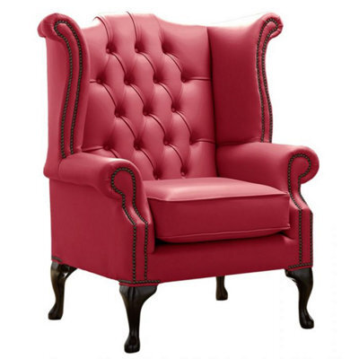 Chesterfield High Back Wing Chair Shelly Velvet Red Real Leather Bespoke In Queen Anne Style - image 1