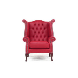 Chesterfield High Back Wing Chair Shelly Velvet Red Real Leather Bespoke In Queen Anne Style - thumbnail 2