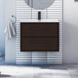 Royal Bathrooms Livora 700mm Walnut Woodgrain Wall Hung Bathroom Vanity Unit 2 Drawer With Ceramic Basin & Matt Black Handle