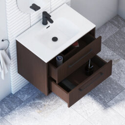 Royal Bathrooms Livora 700mm Walnut Woodgrain Wall Hung Bathroom Vanity Unit 2 Drawer With Ceramic Basin & Matt Black Handle - thumbnail 4