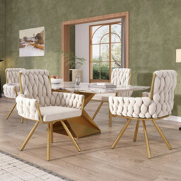 Matteo Set Of 2 Beige Velvet Swivel Dining Chairs With Gold Metal Legs - thumbnail 2