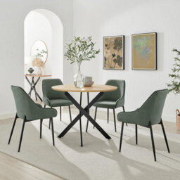 Furniturebox Uk Novara 100Cm Oak Veneer Top Black Leg Round Dining Table & 4 Green Beaumont Chairs
