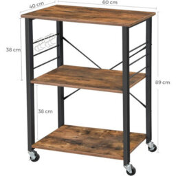 Durable Kitchen Serving Trolley With 3 Shelves & Removable Hooks - Rustic Charm - thumbnail 2