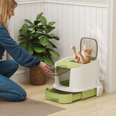 Pawhut Cat Litter Box, Hooded Cat Litter Tray With Lid, Scoop, Green - image 1
