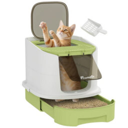 Pawhut Cat Litter Box, Hooded Cat Litter Tray With Lid, Scoop, Green - thumbnail 2