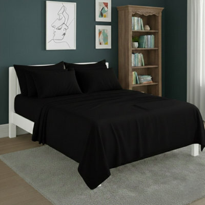 Plain Poly Cotton Easy Care Fitted Flat Sheet Matching Pillowcases Set Black - image 1