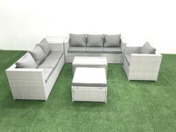 Fimous Wicker Pe Rattan Sofa Garden Furniture Set Armchair Oblong Coffee Table Big Stool Side Table Light Grey - thumbnail 2