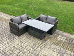Fimous Outdoor Rattan Furniture Garden Dining Set Height Adjustable Rising Lifting Table With  Love Sofa Dark Grey Mixed - thumbnail 1