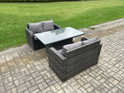 Fimous Outdoor Rattan Furniture Garden Dining Set Height Adjustable Rising Lifting Table With  Love Sofa Dark Grey Mixed - thumbnail 2