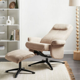 Wyld and Coco Beige Bouclé Recliner Armchair With 360 Swivel And Matching Footstool, Compact Retro Design (W81 X D89 X H86Cm) - thumbnail 2