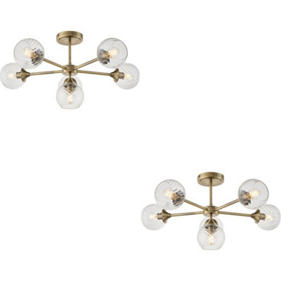 Loops 2 Pack Antique Brass Semi Flush Low Ceiling Light - Clear Spiral Multi Arm Glass - 6 X 7W Led E14 - image 1