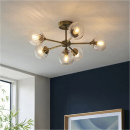 Loops 2 Pack Antique Brass Semi Flush Low Ceiling Light - Clear Spiral Multi Arm Glass - 6 X 7W Led E14 - thumbnail 4