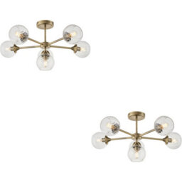 Loops 2 Pack Antique Brass Semi Flush Low Ceiling Light - Clear Spiral Multi Arm Glass - 6 X 7W Led E14 - thumbnail 1