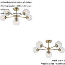 Loops 2 Pack Antique Brass Semi Flush Low Ceiling Light - Clear Spiral Multi Arm Glass - 6 X 7W Led E14 - thumbnail 2