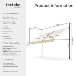 Tectake Awning With Hand Crank - Pressure Fitted , Height Adjustable 350 X 180 Cm - Beige - thumbnail 6