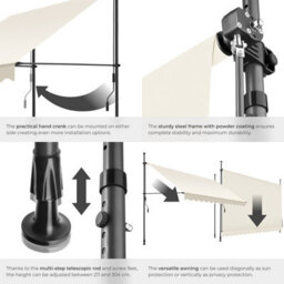 Tectake Awning With Hand Crank - Pressure Fitted , Height Adjustable 350 X 180 Cm - Beige - thumbnail 5
