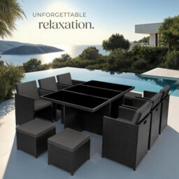 Tectake New York 6+4+1 Aluminum Rattan Seating Set With Protective Cover - Black - thumbnail 8