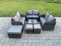 Fimous 9 Seater Outdoor Garden Furniture Sets Wicker Rattan Furniture Sofa Sets With Square Coffee Table 3 Footstools - thumbnail 1