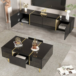 Btm High Gloss Tv Stand And Coffee Table Set, Modern Living Room Furniture Set, Black - thumbnail 2