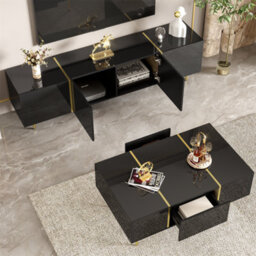 Btm High Gloss Tv Stand And Coffee Table Set, Modern Living Room Furniture Set, Black - thumbnail 4