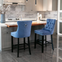 HomeTouch Set Of 2 Velvet Bar Stools Kitchen Breakfast With Wooden Legs Blue - thumbnail 2