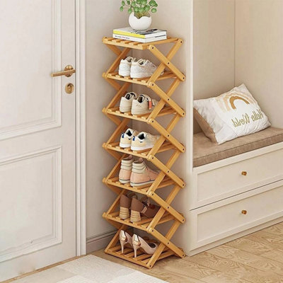 7-Tier Shoe Rack Natural Wooden Shoe Rack Foldable Bathroom Storage Rack No Assembly - image 1