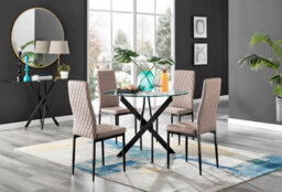 Furniturebox Novara Clear Tempered Glass 100Cm Round Dining Table With Black Starburst Legs & 4 Beige Milan Faux Leather Chairs