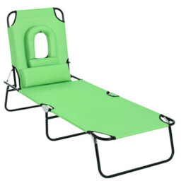 Outsunny Folding Sun Lounger Reclining Chair W/ Pillow Reading Hole Green - thumbnail 2