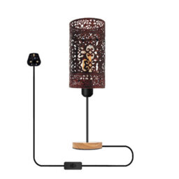 Bedside Table Lamp With Wooden Base And Cage Lampshade Bedroom Light Rustic Red