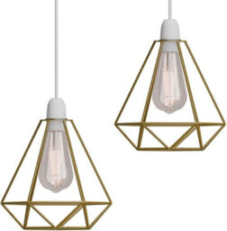 2 Pack Of Retro Style Gold Metal Basket Bird Cage Geometric Ceiling Pendant Light Shades, Open Wire Frame Vintage Bulb Guards - thumbnail 1