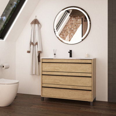 Banyetti Mattila Noir 1000mm Floorstanding Vanity Unit With Matt Black Handles - Rustic Oak - image 1