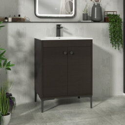 Royal Bathrooms Verona 600mm Walnut Woodgrain Floor Standing Vanity Unit 2 Door With Carrara White Basin & Matt Black Knob
