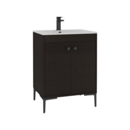 Royal Bathrooms Verona 600mm Walnut Woodgrain Floor Standing Vanity Unit 2 Door With Carrara White Basin & Matt Black Knob - thumbnail 6
