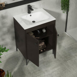 Royal Bathrooms Verona 600mm Walnut Woodgrain Floor Standing Vanity Unit 2 Door With Carrara White Basin & Matt Black Knob - thumbnail 5