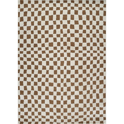 Livabliss Freud-Modern Ivory Brown High Pile Checkered Living Dining Bedroom Rug 120 X 170 Cm Easy Care, Non Shedding - image 1