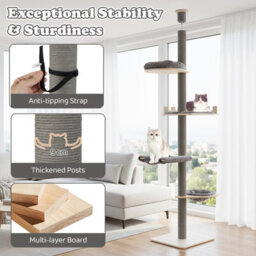Costway 5-Tier Floor To Ceiling Cat Tree 236-271 Cm Height Adjustable Wooden Cat Tower - thumbnail 6