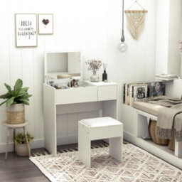 Wyld Haus Fimazi Mola White Vanity Desk With Flip Mirror, Drawer Storage And Cushioned Stool - Compact Bedroom Dressing Table