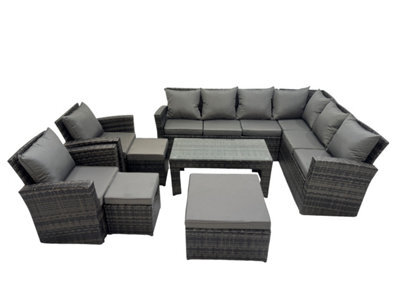 Fimous Rattan Garden Furniture Set 8 Pieces Outdoor Garden Sofa Oblong Coffee Table Set With Chair 3 Footstools Dark Grey Mixed - image 1