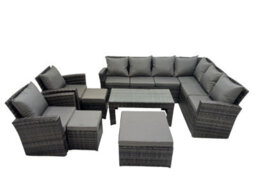 Fimous Rattan Garden Furniture Set 8 Pieces Outdoor Garden Sofa Oblong Coffee Table Set With Chair 3 Footstools Dark Grey Mixed - thumbnail 1