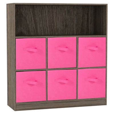 Urbn-Living Urbnliving Height 94Cm Wooden Wide Anthracite Oak 7 Cube Bookcase With Dark Pink 6 Drawers Baskets Storage Unit Shelves - image 1