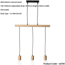 Loops Hanging Ceiling Bar Pendant Light - Matt Black & Natural Wood - 3 X 10W Led E27 - thumbnail 2