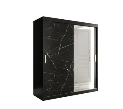 Arte Elegant Black Geneva T2 Sliding Door Wardrobe W1800mm H2000mm D620mm - Mirrored Door, Gold Handles, Extensive Storage - image 1