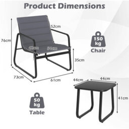 Gainoom 3 Piece Patio Bistro Set Outdoor Chairs & Side Table With Removable Cushions & Tempered Glass Tabletop - thumbnail 2