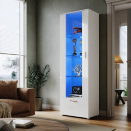 Modern White Display Cabinet High Gloss Rgb Led Cupboard Tall Storage Sideboard - thumbnail 2