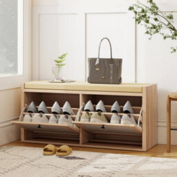 Homcom Rattan Shoe Bench With Padded Cushion And 2 Cabinets, Oak - thumbnail 1
