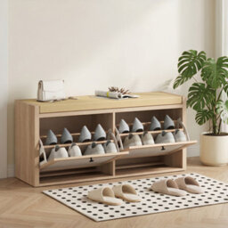 Homcom Rattan Shoe Bench With Padded Cushion And 2 Cabinets, Oak - thumbnail 8
