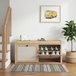 Homcom Rattan Shoe Bench With Padded Cushion And 2 Cabinets, Oak - thumbnail 9